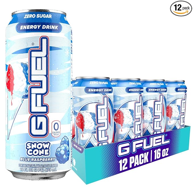 G Fuel Energy Drink Snow Cone Sugar Free Beverage with 300mg Caffeine Daily Energy Boost with Focus Amino Vitamin + Antioxidants 16 oz Cans (Snow Cone 12-Pack)
