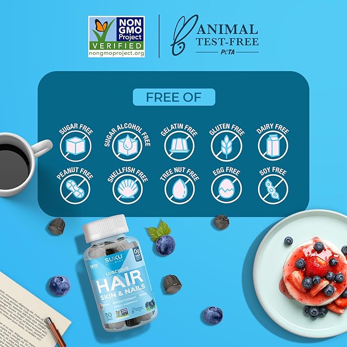 SUKU Vitamins - Luscious Hair - Silicon Biotin and Hydrolyzed Marine Collagen Gummies for Skin Hair &amp Nails - Easy to Chew - Non GMO Gluten Sugar Free - Blueberry Flavored Gummy Vitamins - 50 Co
