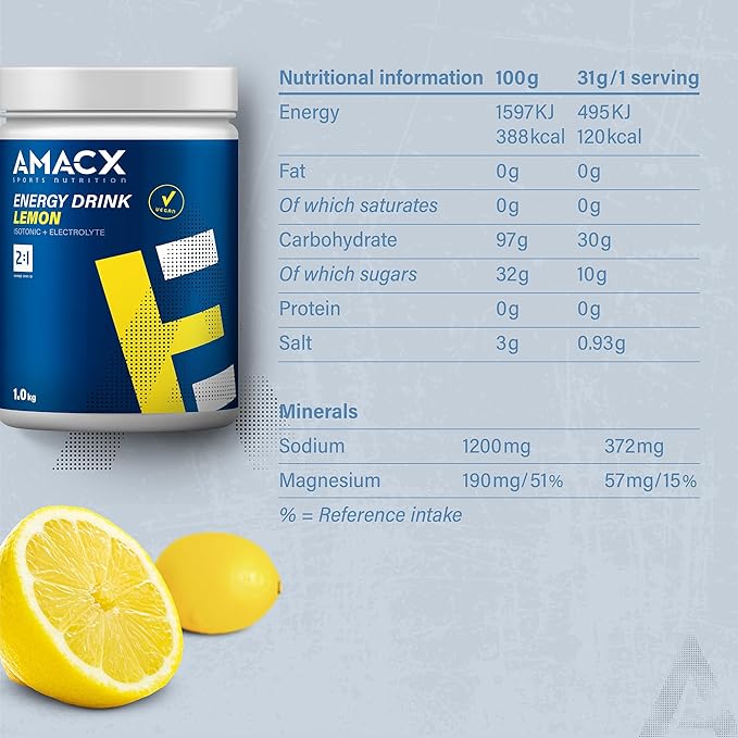 Amacx Energy Drink Powder for Endurance Athletes – 1kg – Isotonic Sports Drink + Electrolytes Powder Drink Mix – Maltodextrin (Glucose) + Fructose Without Artificial Additives – Lemon