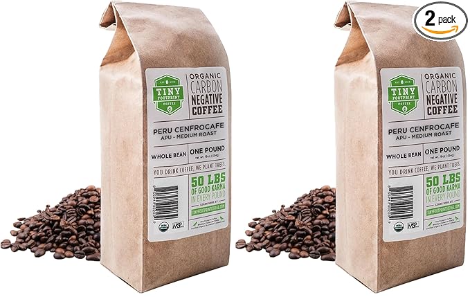 Tiny Footprint Coffee - Fair Trade Organic Peru APU Medium Roast - Whole Bean Coffee USDA Organic &amp Carbon Negative - You Drink Coffee We Plant Trees 16 Ounce9849109 (Pack of 2)
