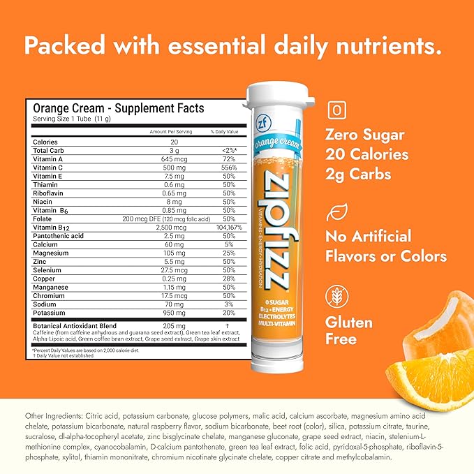 Zipfizz Daily Energy Drink Powder Orange Cream 20 Pack | 3-in-1 Sustained Energy Rapid Hydration and Essential Vitamins | Sugar-Free | Electrolyte Powder | Contains Vitamin B-12 &amp Antioxidants