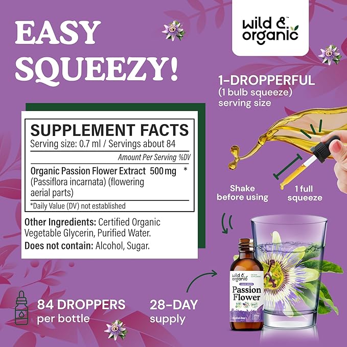 Wild &amp Organic Passionflower Tincture - Relaxing Passion Flower Drops for Women - Liquid Passiflora Incarnata Herb - Vegan Sugar &amp Alcohol-Free Extract Supplement - 2 fl oz