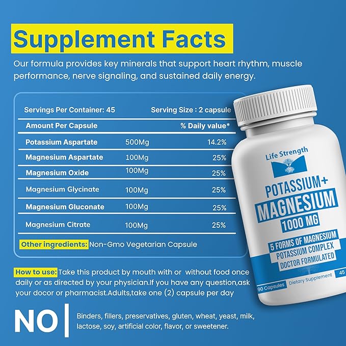 Life Strength Potassium Magnesium Supplement 1000mg (90 Caps) – Potassium Magnesium Complex with Aspartate Glycinate Oxide Gluconate &amp Citrate – Muscle Heart &amp Electrolyte Support - 45-Day