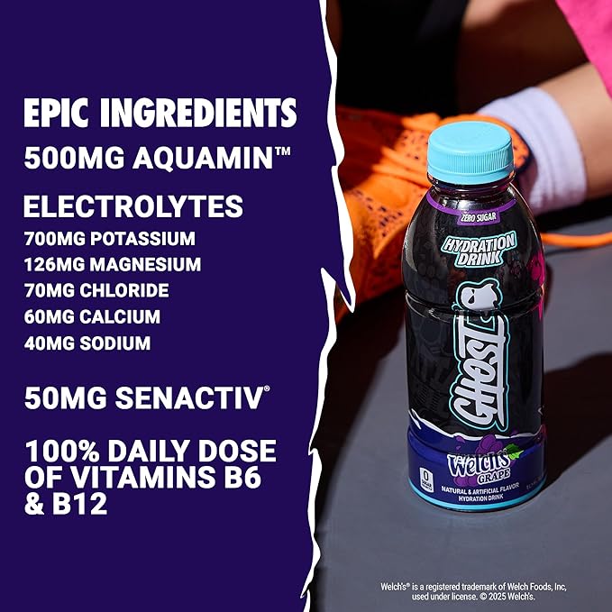 GHOST Hydration Drink Welch’s Grape - RTD Sports Drink with Electrolytes Natural Vitamins &amp Minerals - All Day Lifestyle Hydration Beverage - Zero Caffeine &amp Zero Sugars - 16.9 Fl Oz 12 Pac