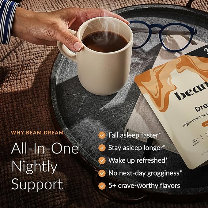 Beam Dream Sleep Powder – Sleep Aid for Adults with Melatonin Magnesium L-Theanine Reishi Mushroom &amp Apigenin Sleep Supplement Sleepy Cocoa Bedtime Drink Mix Sea Salt Caramel Flavor 30 Servi