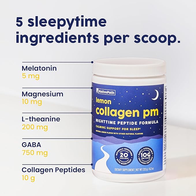 NativePath Collagen PM Sleep Powder Lemon - Melatonin Magnesium GABA &amp L-Theanine with 10g Grass-Fed Collagen - 20 Servings Nighttime Recovery Drink