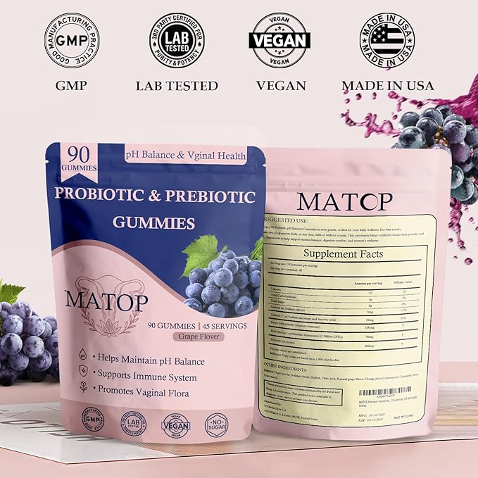 MATOP Vaginal Probiotic Prebiotic Gummies for Women - Vaginal pH Balance &amp Digestive Support Grape Flavor Vegan Sugar-Free Gluten-Free 90 Count