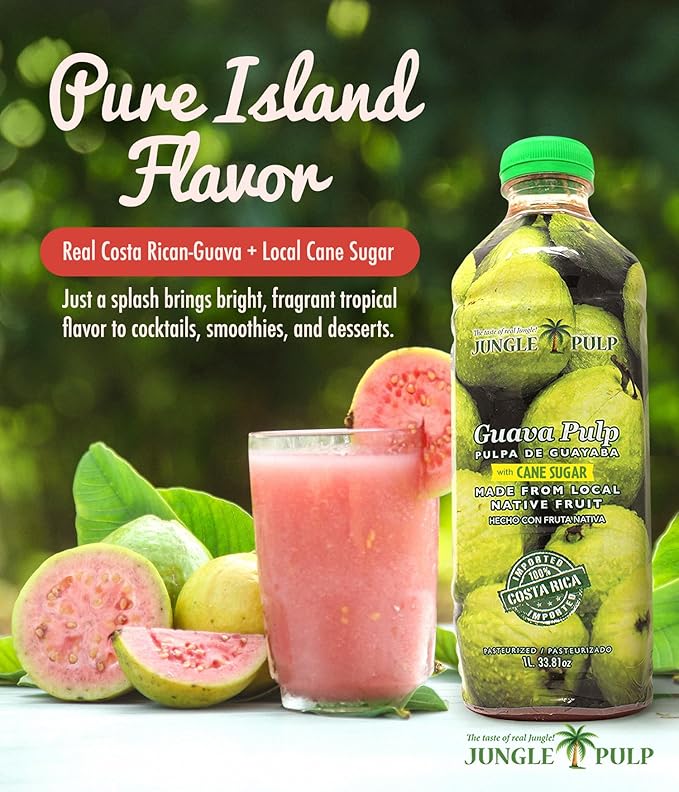Jungle Pulp GUAVA Puree Costa Rica Blend Topping Flavoring Better than Syrup for Desserts Smoothies Margaritas Cocktails Juice and Shakes. 33.81 oz/ 1 Liter.