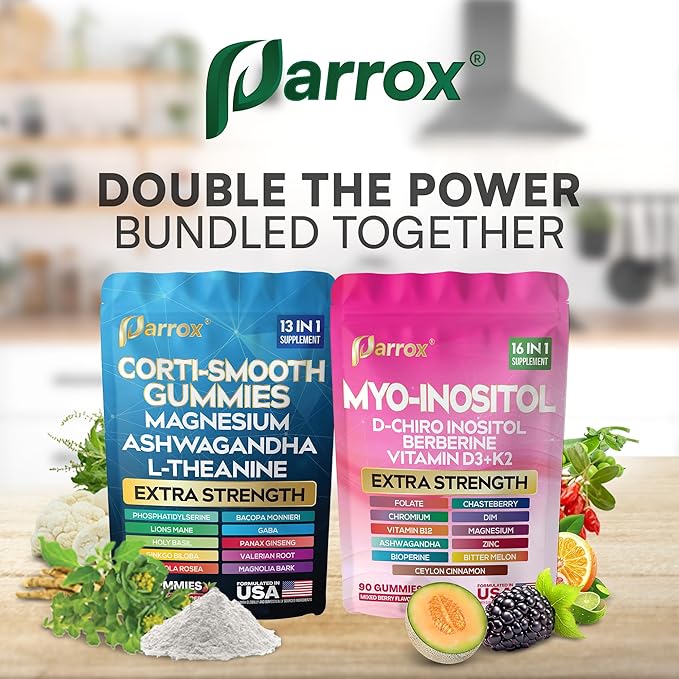 Soothe &amp Smooth Bundle Gummies - Cortisol &amp Myo-Inositol Supplement with D-Chiro Inositol Berberine Magenesium Ashwagandha L-Theanine Vitamins D3+K2 &amp B12 Folate Zinc Lion's Mane (1