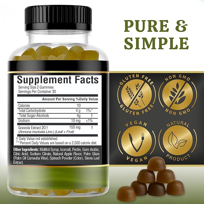 Soursop Leaves &amp Soursop Fruit Gummies - 3000mg Soursop Extract - 2 Pack Graviola Supplement - Soursop Fruit and Leaf - 120ct - Sugar-Free - Gluten Free – Non-GMO – Vegan Friendly
