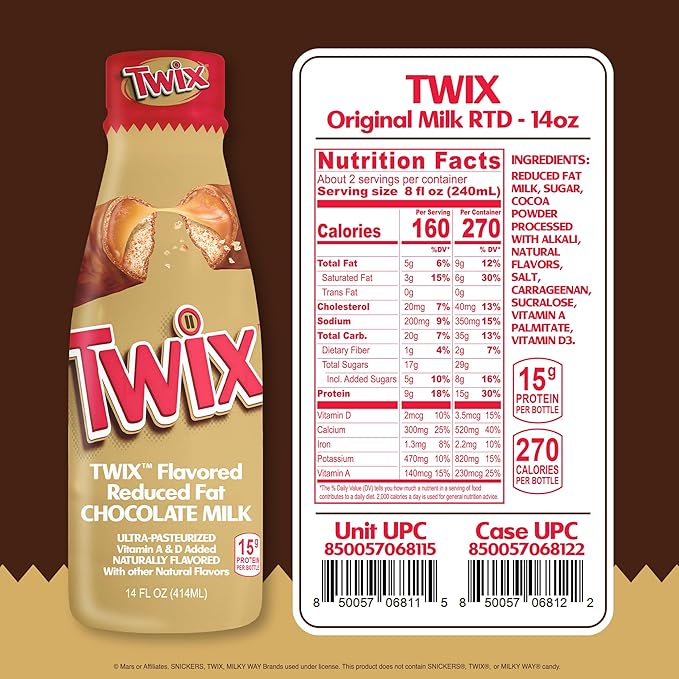 Twix™ Chocolate Milk - Packed with the flavors of crunchy cookie delicious caramel and creamy chocolate. Pack of 12 14 oz Bottles