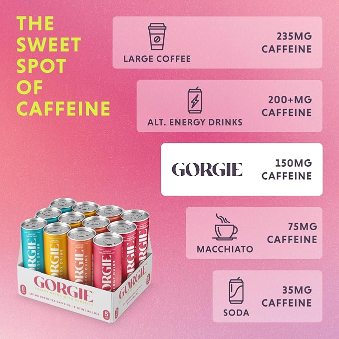GORGIE Sugar Free Natural Energy Drinks BestSellers Variety (12 Pack) - Healthy Energy Drinks - Natural Coffee Replacement with Green Tea Caffeine and Biotin - 150mg Caffeine Vegan &amp Low Calori