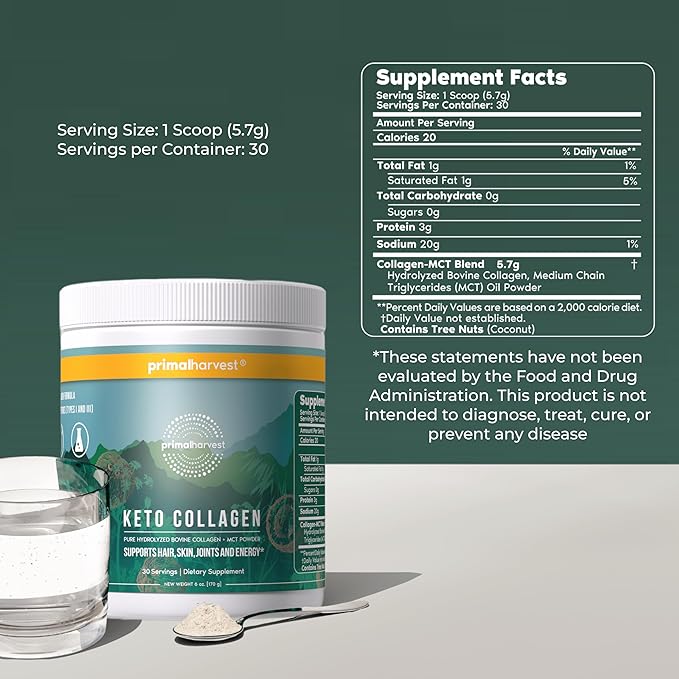 Primal Harvest Keto Collagen Powder with MCT Oil Hydrolyzed Collagen Peptides 10 oz Unflavored Paleo &amp Keto Friendly Protein Supplement
