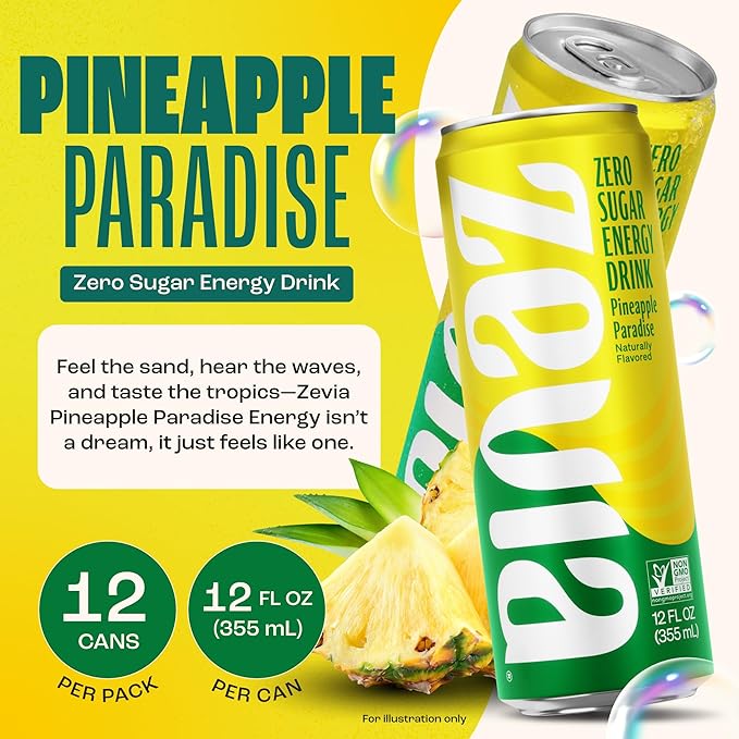 Zevia Zero Sugar Energy DrinkPineapple Paradise12 oz Cans – Naturally SweetenedNon-GMO Project VerifiedGluten-FreeVegan(Pack of 24)