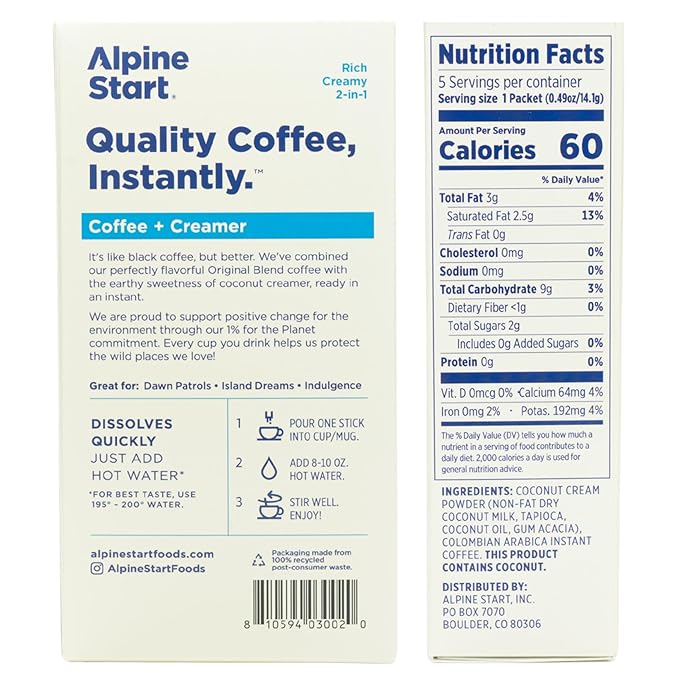 Alpine Start Instant Coffee Original Blend Medium Roast - Individual Powder Mix From High Altitude Arabica Coffee Beans - Hot or Cold Brew for Home Travel Camping Hiking Backpacking (Coffee and Cr