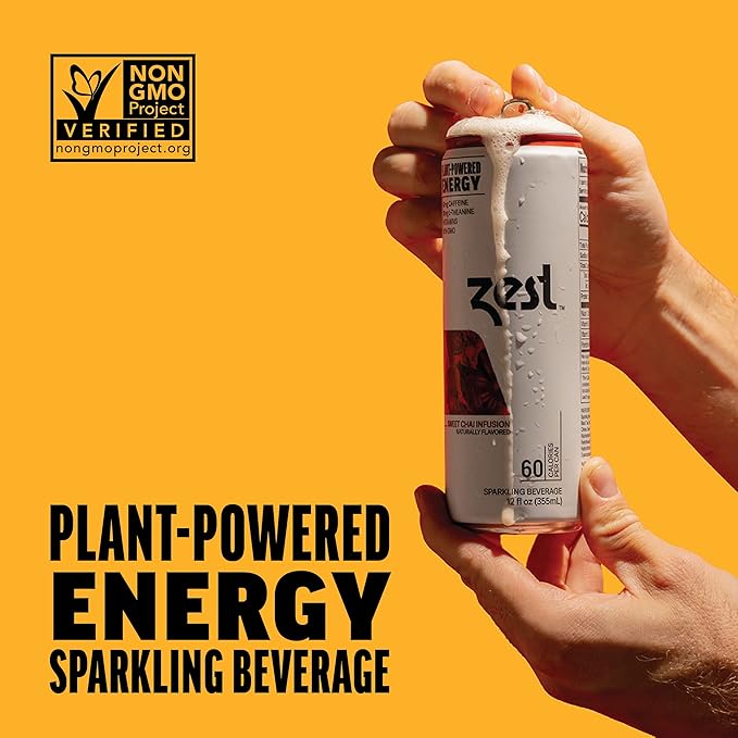 Zest Clean Energy Drink – Sweet Chai Infusion – 150mg Caffeine + 100mg L-Theanine – Natural Focus &amp Concentration Boost – Healthy Energy Drink 12oz Can 12 Pack – Low Sugar No Artificial Sweetener