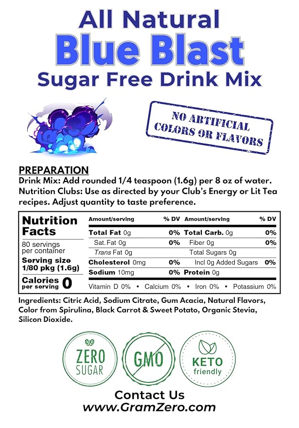 GramZero All Natural Blue Blast Zero Calorie Sugar Free Drink Mix Great For Nutrition Club Loaded Tea Stevia Sweetened