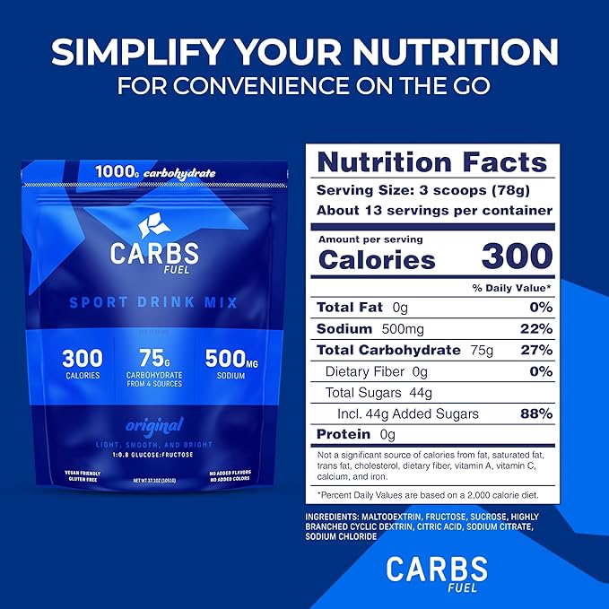 Carbs Fuel Original 1000g Sport Drink Powder - 75g Carbs 300 Calories 500mg Sodium Per Serving | No Preservatives High Carb Hydration Powder Mix | Light &amp Refreshing Flavor