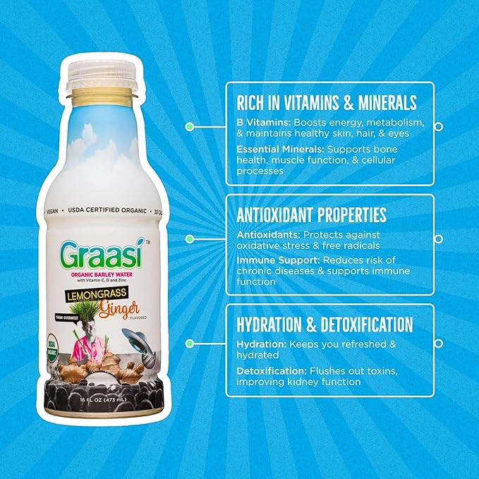 Graasi Organic Barley Grass Water | Hydration Drink with Vitamin C D Zinc | USDA Organic Non-GMO Vegan | Low-Calorie Wellness Beverage | Cucumber Lime | 12 Pack (16 Fl Oz Bottles)