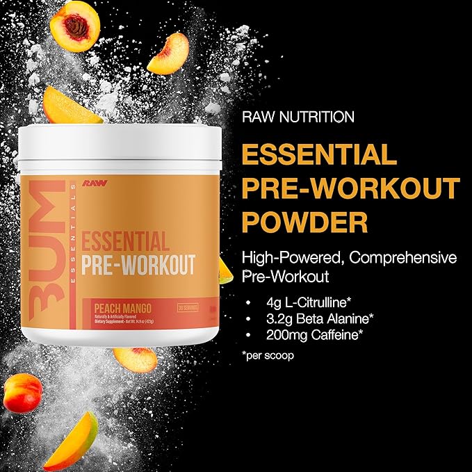 RAW Nutrition - Essential Pre - Chris Bumstead Pre Workout Formula Sports Nutrition Pre-Workout Powders | Men &amp Womens Drink Energy Powder for Working Out (Peach Mango)