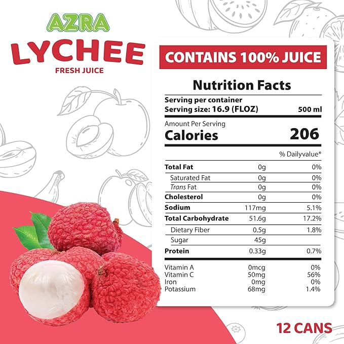AZRA 100% Lychee Juice – Exotic Fruit Juice in 500ml Cans – Zero Sugar Juice Healthy Beverages Variety Pack for Kids and Adults – Bulk 100% Juice Pack 12 Count