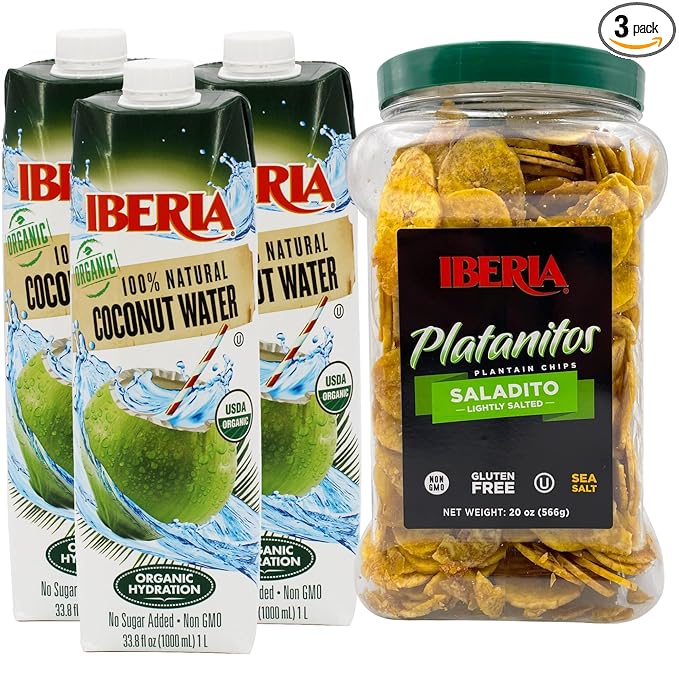 Iberia Organic Coconut Water 1 Liter (Pack of 3) and Iberia Lightly Salted Plantain Chips 1.75 lb.