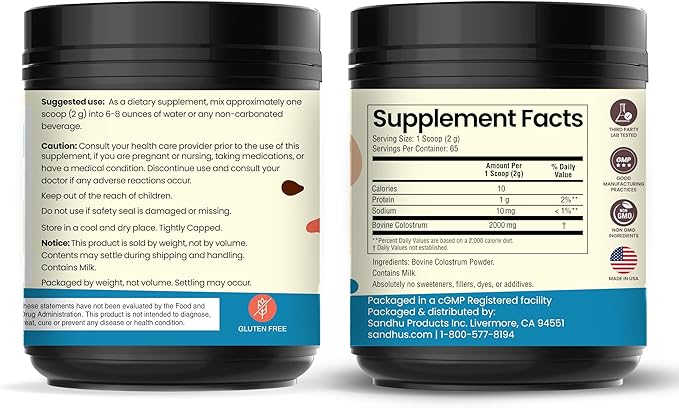 Sandhu's Grass Fed Bovine Colostrum Powder for Humans Adults | 65 Servings (Pack of 2) Cows Supplement | High IgG for Gut Health | Immunity &amp Muscle Recovery Support | Unflavored | for Men &amp