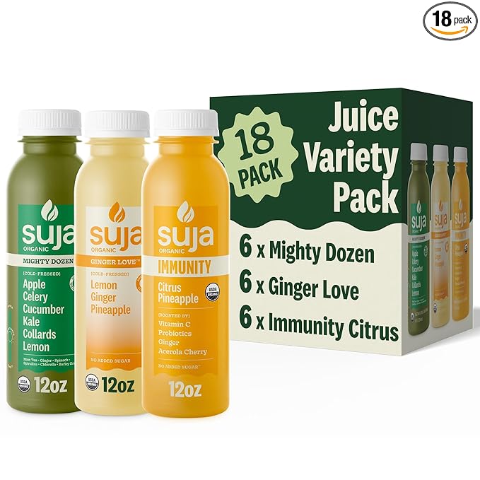 Suja Organic Juice Variety Pack | 6 Mighty Dozen 6 Ginger Love and 6 Citrus Immunity | Plant-Based &amp Gluten-Free (12 fl oz Pack of 18 total)