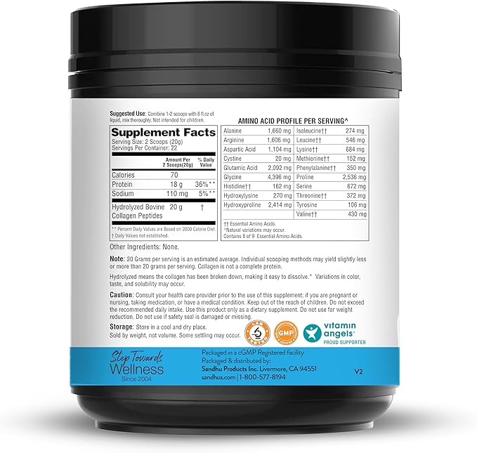 Sandhu's Grass-Fed Hydrolyzed Bovine Collagen Peptides Powder Unflavored | Supports Youthful Skin Hair Nails Mobility &amp Flexibility | for Men &amp Women | 1 lb 22 Servings