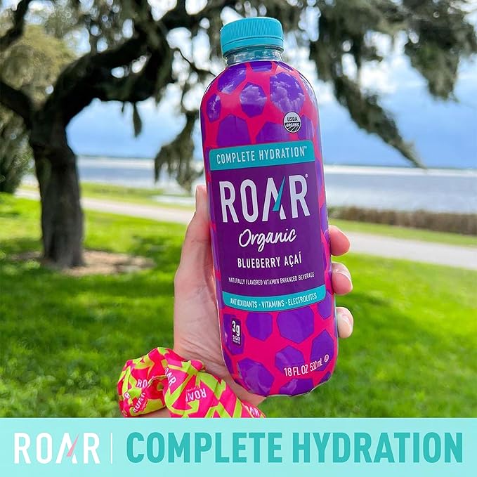 Roar Organic Electrolyte Infusions - USDA Organic - Blueberry Acai - with Antioxidants B Vitamins Low-Calorie Low-Sugar Low-Carb Coconut Water Infused Beverage 18 Fl Oz (Pack of 12)