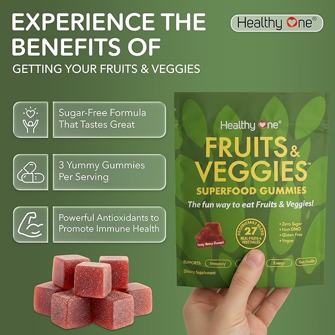 Fruits &amp Veggies Sugar-Free Gummies - 27 Whole Foods - Equals 3 Servings of Fruits &amp Vegetables - Improve Energy Focus &amp Immune Function - Fiber - Antioxidants - Organic Ingredients - 14