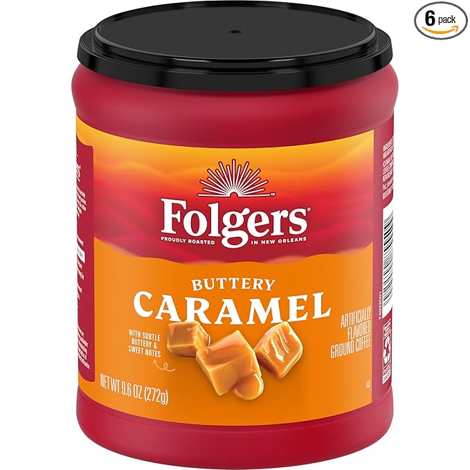 Folgers Buttery Caramel Flavored Ground Coffee 9.6 Ounce Canister (Pack of 6)