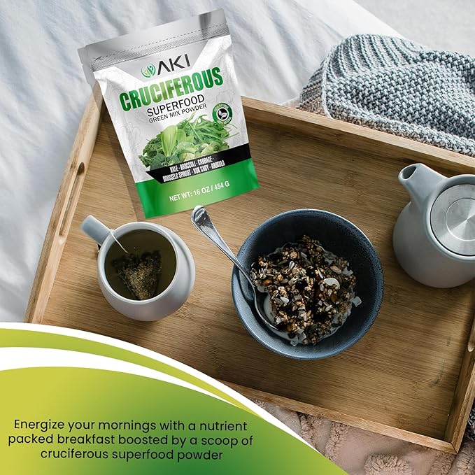 AKI Cruciferous Superfood Green Mix Powder - Made from Kale Broccoli Brussels Sprouts Cabbage - Packed with Essential Phytonutrients &amp Vitamins ((16oz/454g))