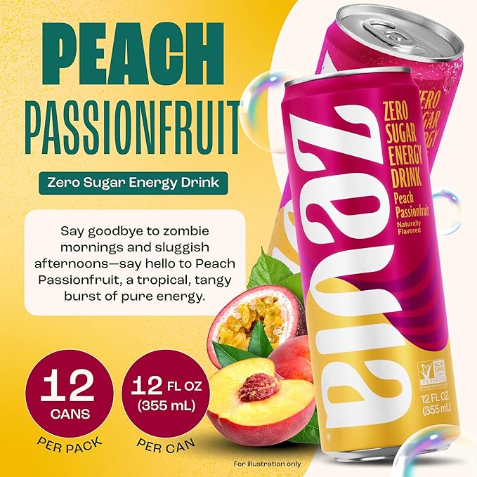 Zevia Zero Sugar Energy Drink Peach Passionfruit 12 oz Cans (12-Pack) – Naturally Sweetened Non-GMO Project Verified Gluten-Free Vegan