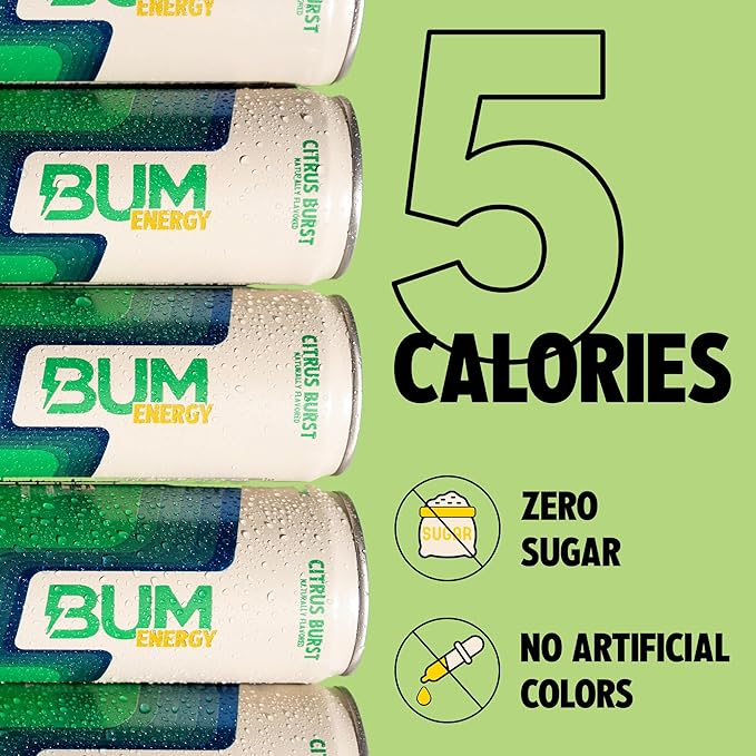 BUM Sugar-Free Energy Drink Citrus Burst - Lightly Carbonated &amp No Artificial Colors Natural Caffeine &amp Citicoline for Energy &amp Focus Brain Boost &amp Workout Sports Beverage - 12 oz