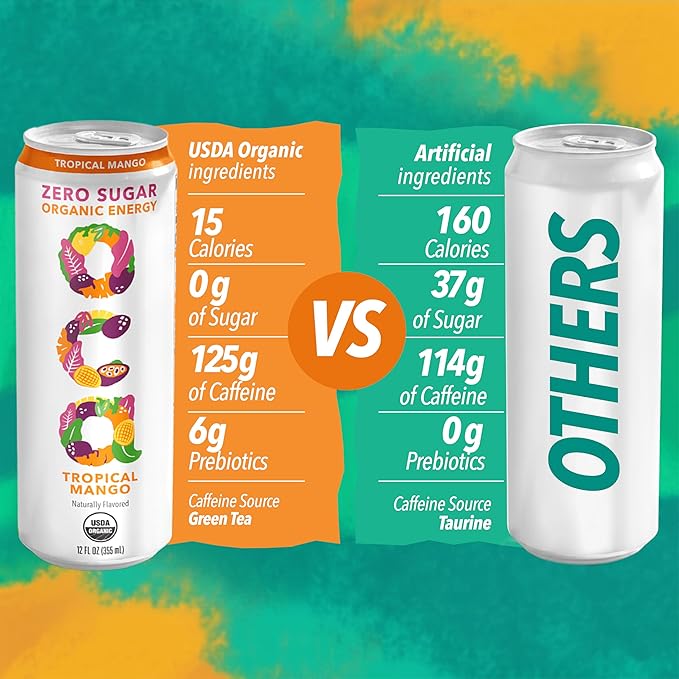 OCA ZERO 3-Flavor Variety Pack (Berry Acai Tropical Mango Strawberry Watermelon) Organic energy drink zero sugar gluten-free vegan plant-based 12 Fl Oz (12-pack) (12 Fl Oz 3-Flavor Variety Pac
