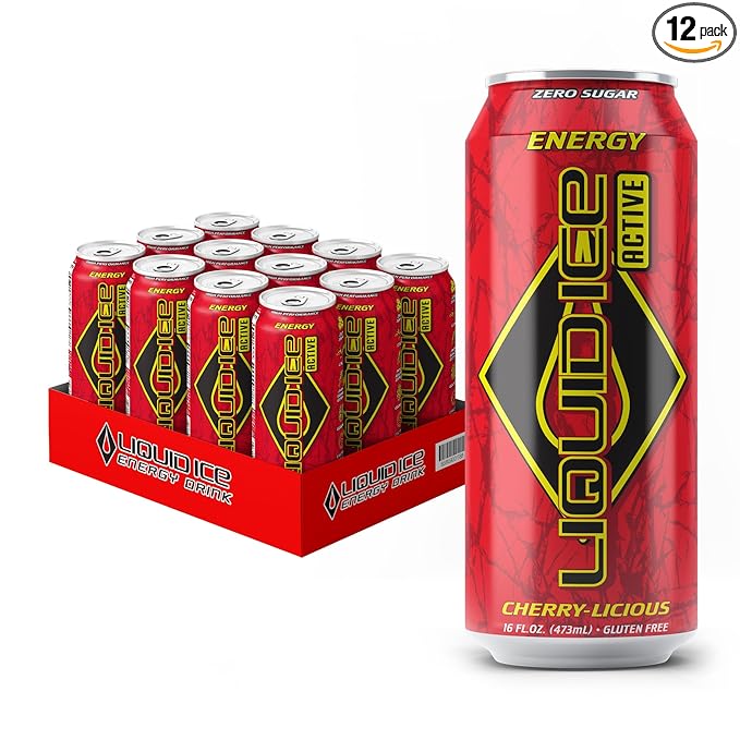 Liquid Ice Active Energy Drink Cherry Licious Zero Sugar 160mg Natural Caffeine from Green Tea with CoQ10 &amp Ginseng Clean Focus &amp Performance Support Gluten Free 16oz Cans (12 Pack)