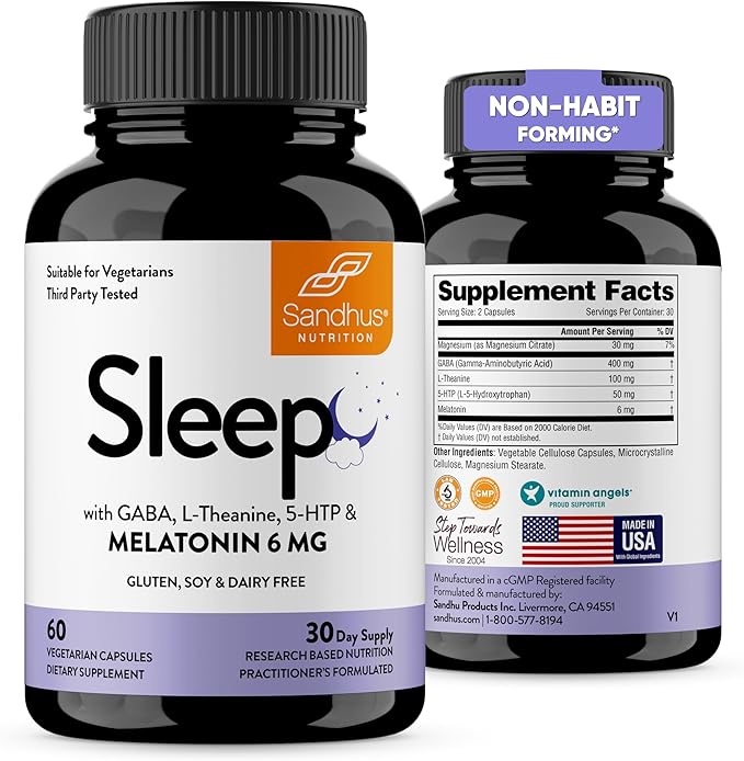 Sandhu's Sleep 60 Capsules –Non-Habit Forming 5-in-1 Sleep Aid Supplement with Melatonin Magnesium GABA L-Theanine &amp 5-HTP