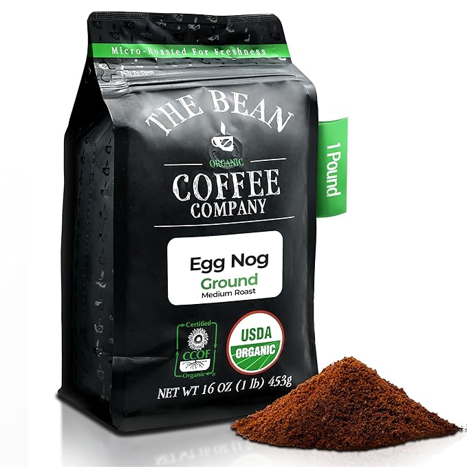The Bean Organic Coffee Company Egg Nog Medium Roast Ground Coffee 16-Ounce Bag Café molido tostado orgánico