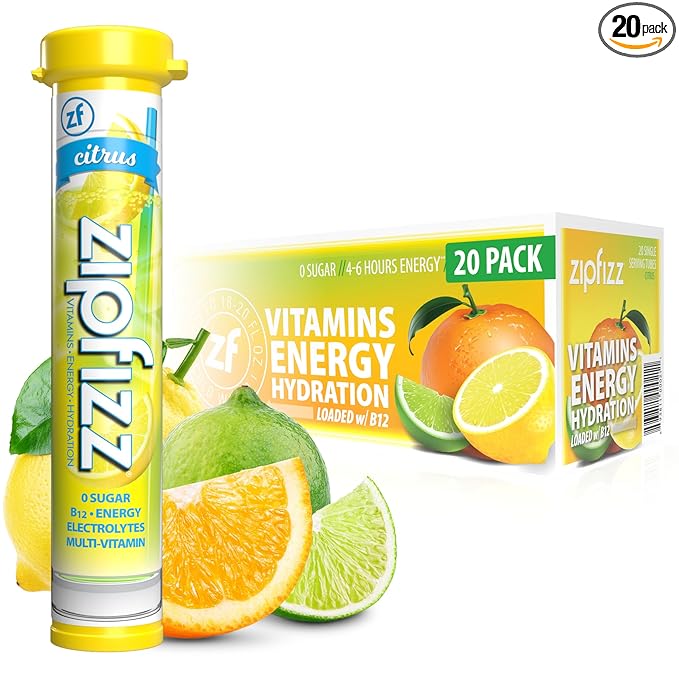 Zipfizz Daily Energy Drink Powder Citrus 20 Pack 3-in-1 Sustained Energy Rapid Hydration and Essential Vitamins Sugar-Free Electrolyte Powder Contains Vitamin B-12 &amp Antioxidants