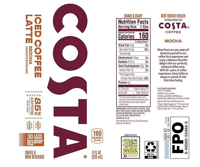 Costa Iced Coffee Latte Mocha 11oz 12pk