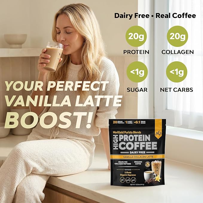 MariGold High Protein Collagen Coffee - Vanilla Collagen Latte Dairy Free 20g Grass-Fed Type I &amp III Collagen Peptides Energy Boost 2 Shots Organic Espresso Non-GMO 1 Lb Bag 15 Servings