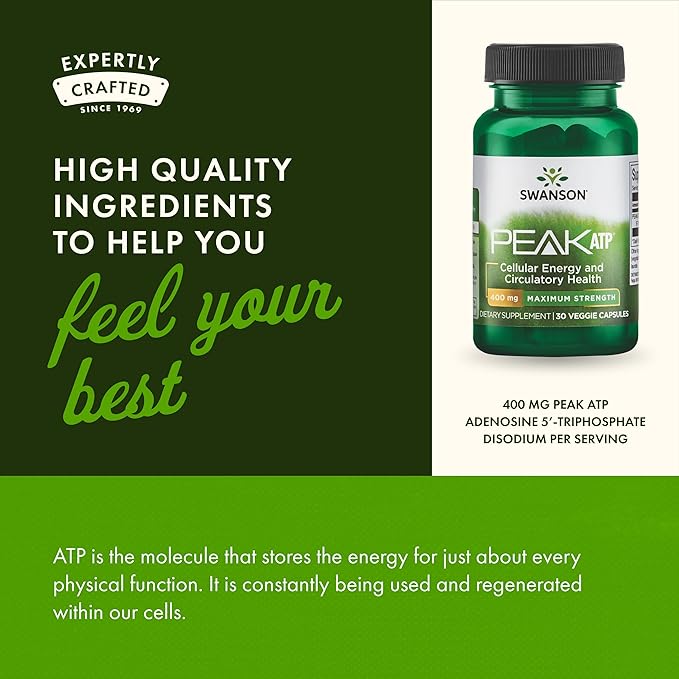 Swanson Maximum Strength Peak ATP Cellular Energy Supplement for Athletes and Active Adults Seeking Performance and Recovery Support - 400 mg (30 Veggie Capsules)