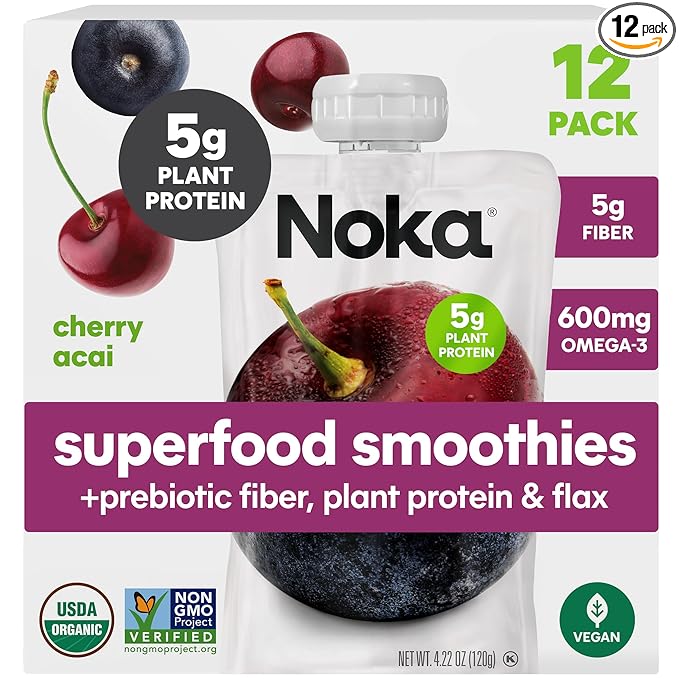 Noka Superfood Fruit Smoothie Pouches Cherry Acai Healthy Snacks with Flax Seed Plant Protein and Prebiotic Fiber Vegan and Gluten Free Snacks Organic Squeeze Pouch 4.22 oz 12 Count