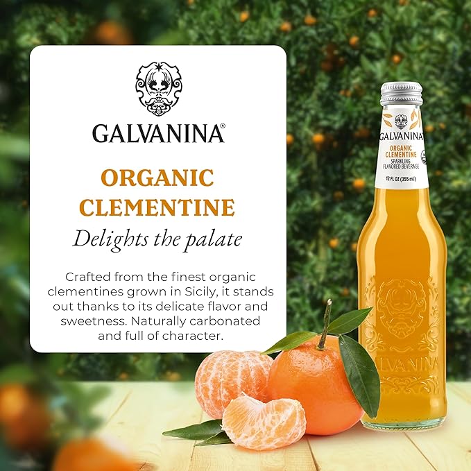 Galvanina Clementine – Premium Organic Italian Sparkling Soda 12 fl oz (12 Glass Bottles) | Made with Organic Southern-Italian Clementines Refreshing Soft Drink.