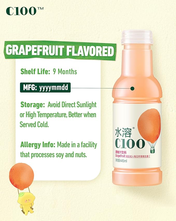 NONGFU SPRING C100 Juice Drink – Grapefruit Flavored Fruit Juice Bottles 100mg Vitamin C Per Bottle 12% Real Fruit Juice -15 fl oz 445mL 15 Pack