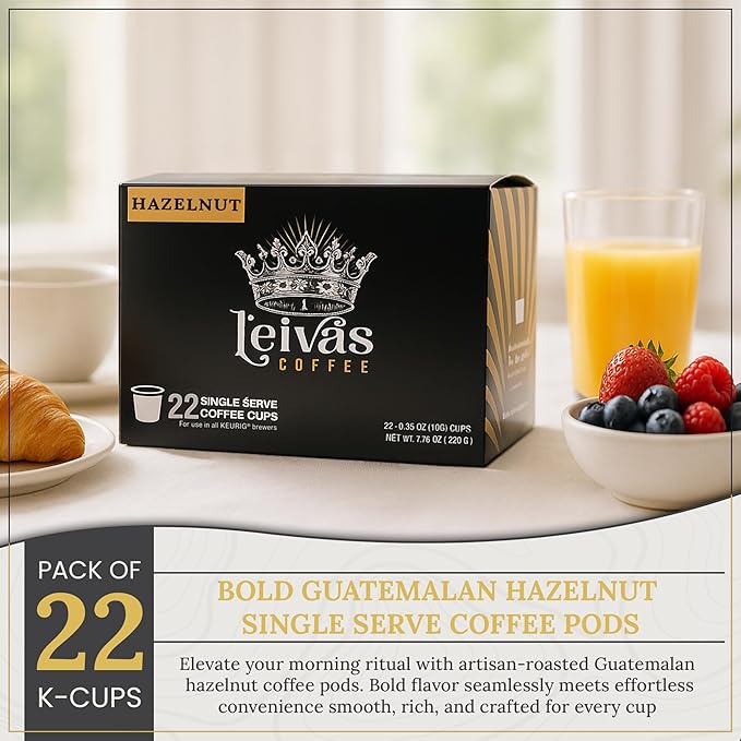 Leiva’s Guatemalan Single Serve K-cups Coffee Pods (22 Count) – Small Batch Hazelnut Flavor Capsules - Rich Bold &amp Balanced Flavor - Single Serve Pods for Keurig Coffee Machine - 0.35 Oz Cups
