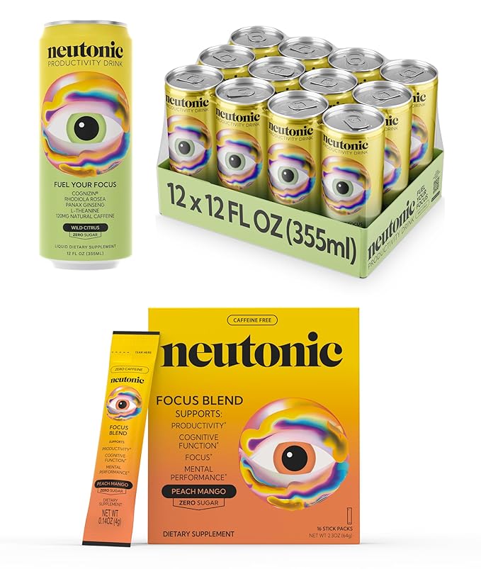 neutonic Nootropic Productivity Energy Drink &amp Focus Blend Powder Bundle | 12 Cans Wild Citrus &amp 16 Sticks Peach Mango | Zero Sugar | Support Memory Mental Clarity Cognitive Function