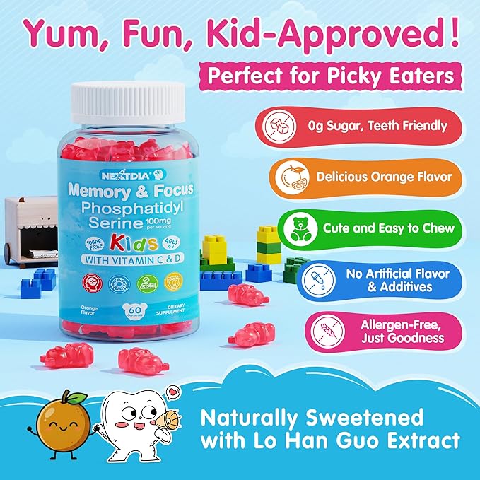 Phosphatidylserine Supplement 100mg Focus Gummies for Kids Teens + Vitamin C &amp D3 400IU Sugar Free Kids Brain Gummies Increase Attention &amp Concentration Chewable Vegan Gluten Free Non-GM