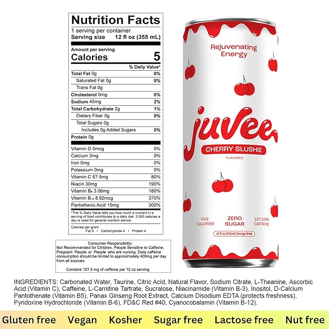 Juvee Rejuvenating Energy Drink – Sugar Free Cherry Slushie Flavor 12 oz Cans (12-Pack) – 128mg Natural Caffeine Zero Sugar Low Calorie Clean Energy &amp Focus Booster for Daily Use